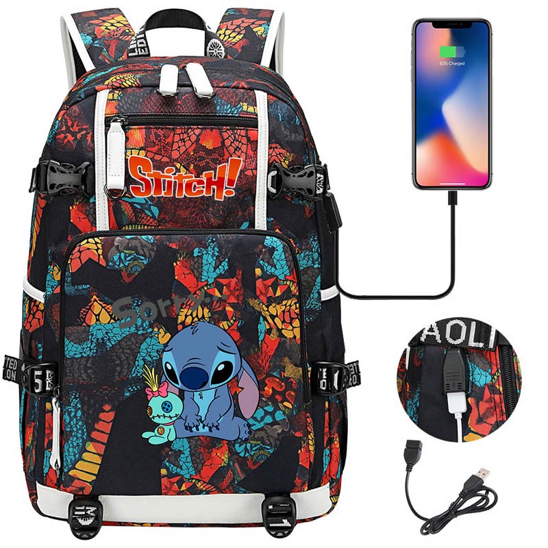Kawaii Stitch Bag Zipper Usb Charging Mochila Capacity Backpack