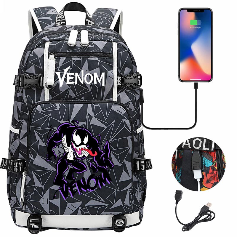 Venom Backpack Spiderman SchoolBag with USB Charging Port