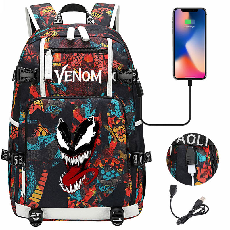 Venom Backpack Spiderman SchoolBag with USB Charging Port