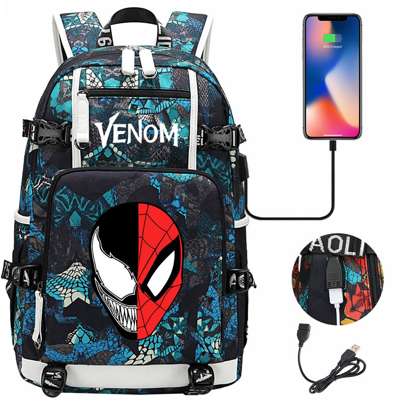 Venom Backpack Spiderman SchoolBag with USB Charging Port