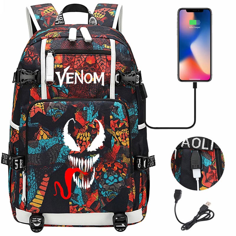 Venom Backpack Spiderman SchoolBag with USB Charging Port